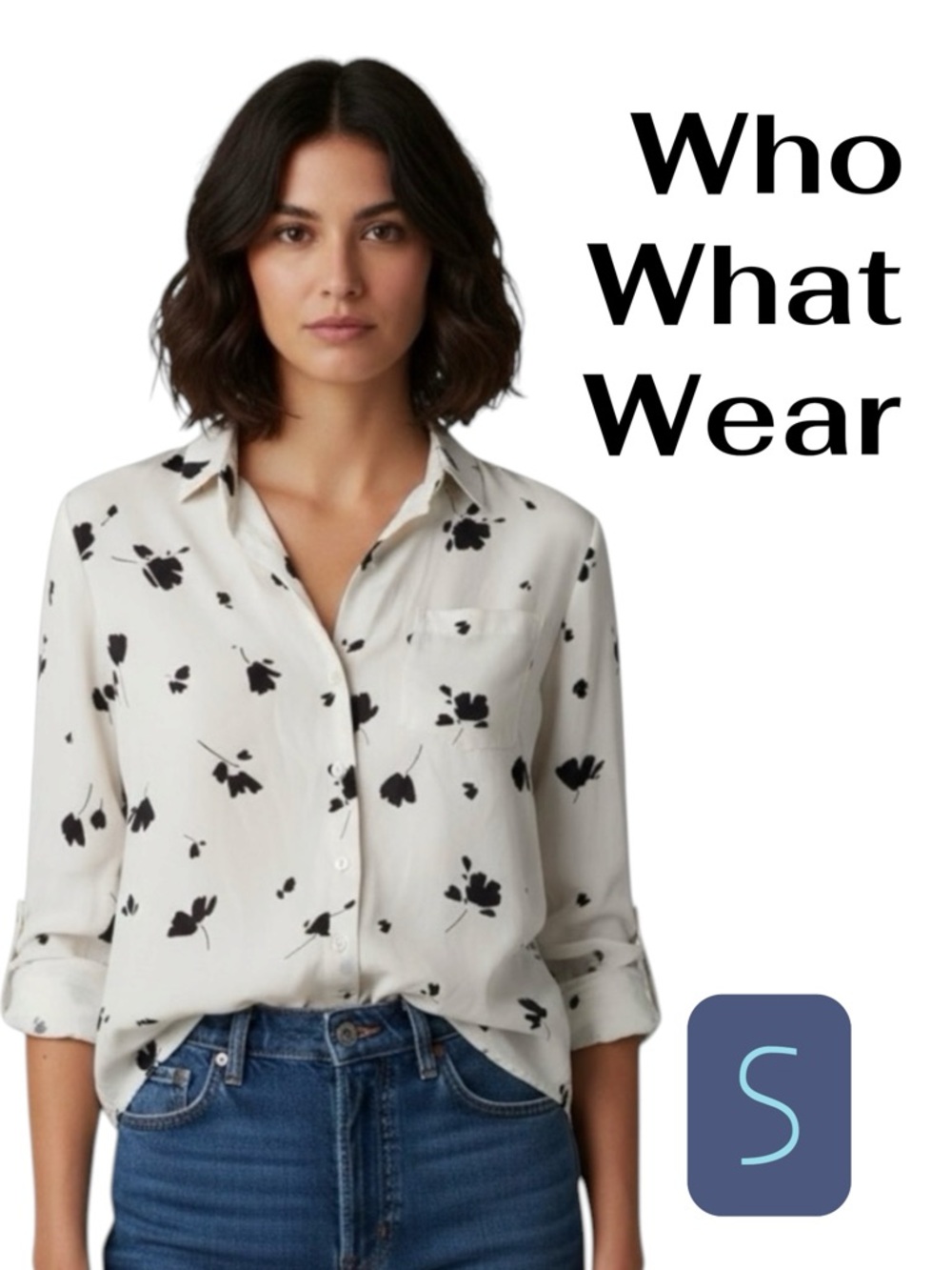 WHO WHAT WEAR Black & White Abstract Floral Blouse SMALL